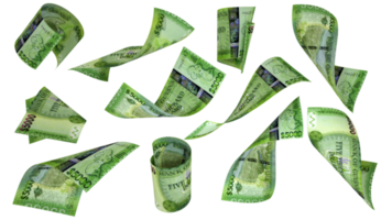 3D rendering of Guyanese dollar notes flying in different angles and orientations isolated on transparent background png