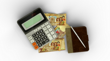 3D rendering of an isolated composition of Bolivian Boliviano notes, a calculator, a note book and a pen png