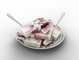 3d renderen van 100 tongaans paanga aantekeningen Aan bord. geld uitgegeven Aan voedsel concept. voedsel uitgaven, duur maaltijd, uitgeven geld concept. aan het eten geld, misbruik van geld png