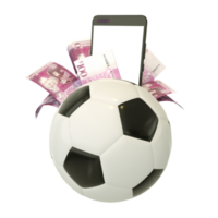 3d rendering of 100 Tongan Paanga notes and phone behind soccer ball. Sports betting, soccer betting concept isolated on transparent background. mockery png