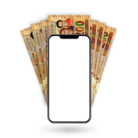 3d Illustration of Bolivian Boliviano notes behind mobile phone png