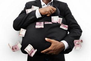 Black Businessman holding black bag full of Tongan Paanga notes isolated on transparent background, money falling from bag png