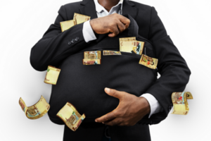 Black Businessman holding black bag full of Bolivian Boliviano notes isolated on transparent background, money falling from bag png