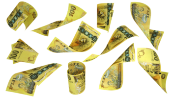 3D rendering of Fijian Dollar notes flying in different angles and orientations isolated on transparent background png