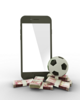 3d le rendu de une mobile téléphone avec football Balle et piles de 100 tonguien pananga Remarques isolé sur transparent Contexte. png