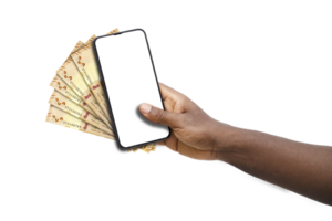 Black hand holding mobile phone with blank screen and Bolivian  Boliviano notes png