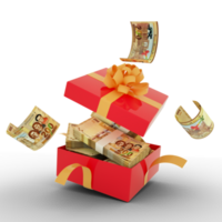 100 Bolivian Boliviano notes inside an open red gift box. Bolivian Boliviano inside and flying around a gift box. 3d rendering of money inside box isolated on transparent background png