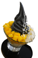 Black ice cream with mango in bowl. CHARCOAL png