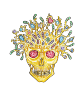 Jewelry design fancy sapphire gold skull. Hand drawing and painting on paper. png