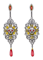 Jewelry design vintage art mix skull earrings. Hand drawing and painting on paper. png