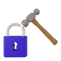 3d rendering broken padlock and hammer icon. concept illustration of hacking passwords and hijacking document files png