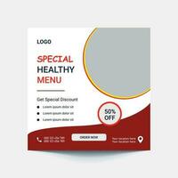 súper delicioso rápido comida social medios de comunicación enviar modelo. sano y sabroso comida bandera, volantes o póster diseño para en línea negocio márketing y promoción. restaurante oferta menú diseño vector