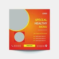 súper delicioso rápido comida social medios de comunicación enviar modelo. sano y sabroso comida bandera, volantes o póster diseño para en línea negocio márketing y promoción. restaurante oferta menú diseño vector