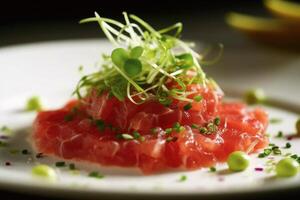 Beef steak tartare with greenery and vegetables. photo