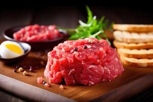 Beef steak tartare with greenery and vegetables. photo