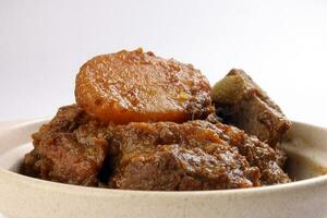 Asian style Beef bhuna dry curry with potato in ceramic bowl over white background photo