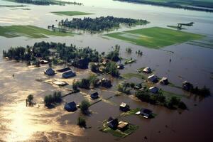 Aerial view of flood in city, photo