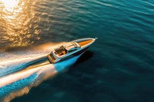 Aerial view of the speed boat in clear blue water , photo