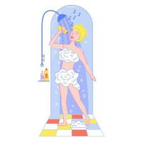 Girl singing in the shower, covered in foam and using the bottle as a microphone. Calm and happy female bathing. Listening to music, singing, relaxation concept. Vector illustration