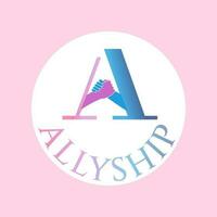 Letter A with a handshake in a pink-blue gradient. Logo template with the inscription Allyship isolated on pink background. Concept of partnership, teamwork, solidarity, unity of different people. vector