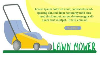 Lawn Mower, Gardening Grass Cutter. Inscription is depicted as grass. Design concept of landing page for yard care and lawn mowing services. Flat Vector illustration