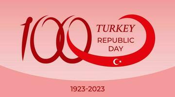 100 years anniversary of Turkish Republic. Festivity card with number 100 and the Turkish flag. 29th October. 1923-2023, National victory day. Vector flat style illustration on white background