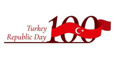 100 years anniversary Republic Day of Turkey. Festivity card with number 100 and the Turkish flag. 29th October. 1923-2023, National victory day. Vector flat style illustration on white background