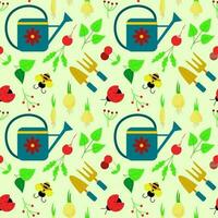 Seamless pattern with a gardening theme. Vector illustration of garden elements - watering can, radish, bee, ladybug, flower bulbs, cherry, leaves, berries. Background for packaging, textiles or web.