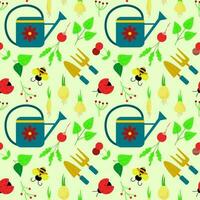 Seamless pattern with a gardening theme. Vector illustration of garden elements - watering can, radish, bee, ladybug, flower bulbs, cherry, leaves, berries. Background for packaging, textiles or web.