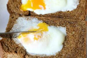 Poached fried egg on brown whole meal brad toast photo