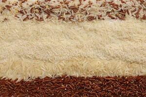Varity mix long grain basmati medium grain jasmine short grain pilaf risotto brown low glycaemic index GI rice in rows top view photo