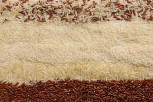 Varity mix long grain basmati medium grain jasmine short grain pilaf risotto brown low glycaemic index GI rice in rows top view photo