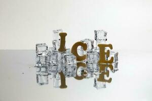 Ice Cube Text font type word Cold freeze acrylic crystal on white background photo