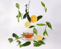 different types of fresh raw green tea leaf flower bud dropping floating elevated lemon orange slice over transparent glass teacup saucer liquid tea on white background photo