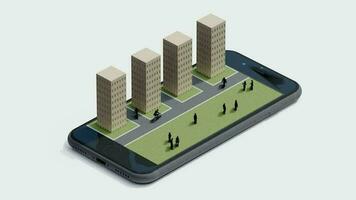 Handy, Mobiltelefon Animation Stadt, Hintergrund Illustration Spiel ui Karikatur App. Landschaft Struktur städtisch Gebäude. Design die Architektur Schnittstelle Panorama Stadtbild Szene Konzept Schicht Haus Technologie. video