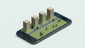 mobiel animatie stad, achtergrond illustratie spel ui tekenfilm app. landschap structuur stedelijk gebouw. ontwerp architectuur koppel panorama stadsgezicht tafereel concept laag huis technologie. video