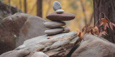 pequeño apilar de rocas con árbol rama ai generado foto