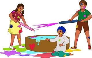 Illustration of Young Boys And Girl Character Playing Holi From Pichkari Water Gun With Color Tub For Happy Holi Concept. vector