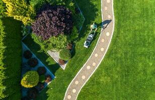 Backyard Garden Grass Mowing Aerial View photo