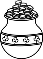 Shamrock leaves decorated pot with coins. vector