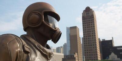 A statue of man with helmet sits in front of building photo