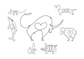 Set of animals in a linear style with a heart inside. Bull, art, dolphin, bunny, lamb, pig, dog, vector
