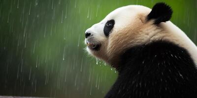 Panda sits in a rain photo