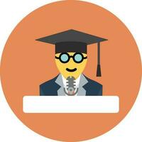 Character of graduate student giving a speech on round background. vector