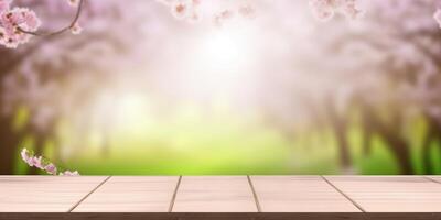 Empty wooden table with spring blur background photo