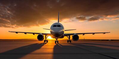 Plane on a runway with sky in the background photo