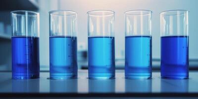 Row of beakers with blue liquid in them photo