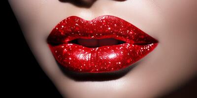 Red lips with glitters and the word lipstick photo