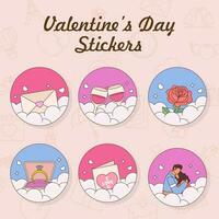 Set Of Valentine' Day Elements On Fly Hearts With Clouds In Circle Background For Sticker Or Label Design. vector