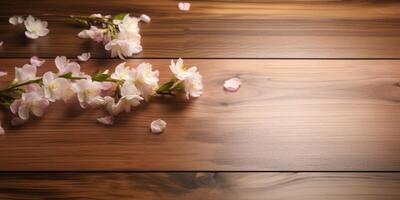 wooden table with cherry blossom photo